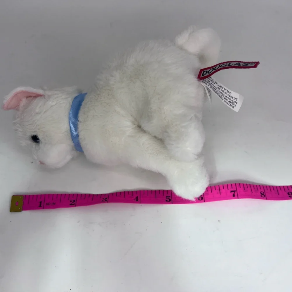 Douglas 6 Inch Stuffed White Cat Kitten Plush Animal With Blue Ribbon Collar Toy